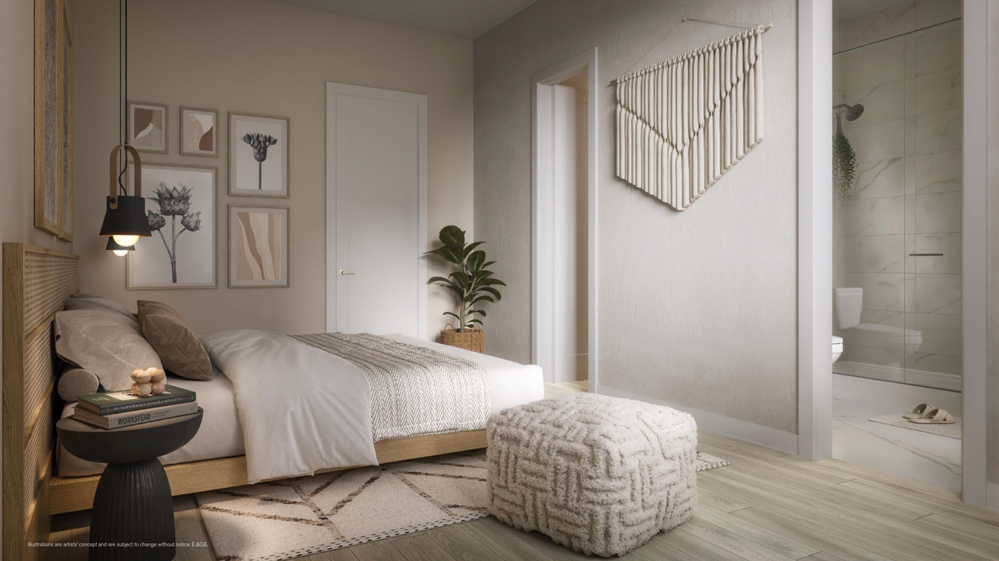 Calm primary bedroom in soft neutral tones with an ensuite bathroom