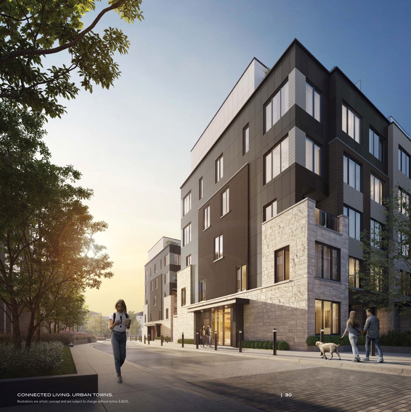 Rendering of a Westshore building corner at dawn with people walking on the sidewalk