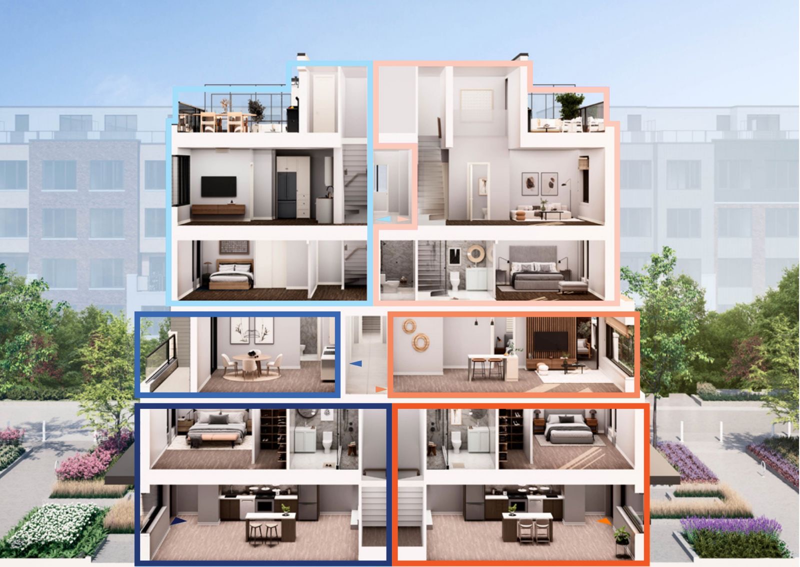 Cutaway rendering of a Heights building showing two-storey homes at ground level, one-storey flats in the middle and two-storey homes with rooftop terraces on top