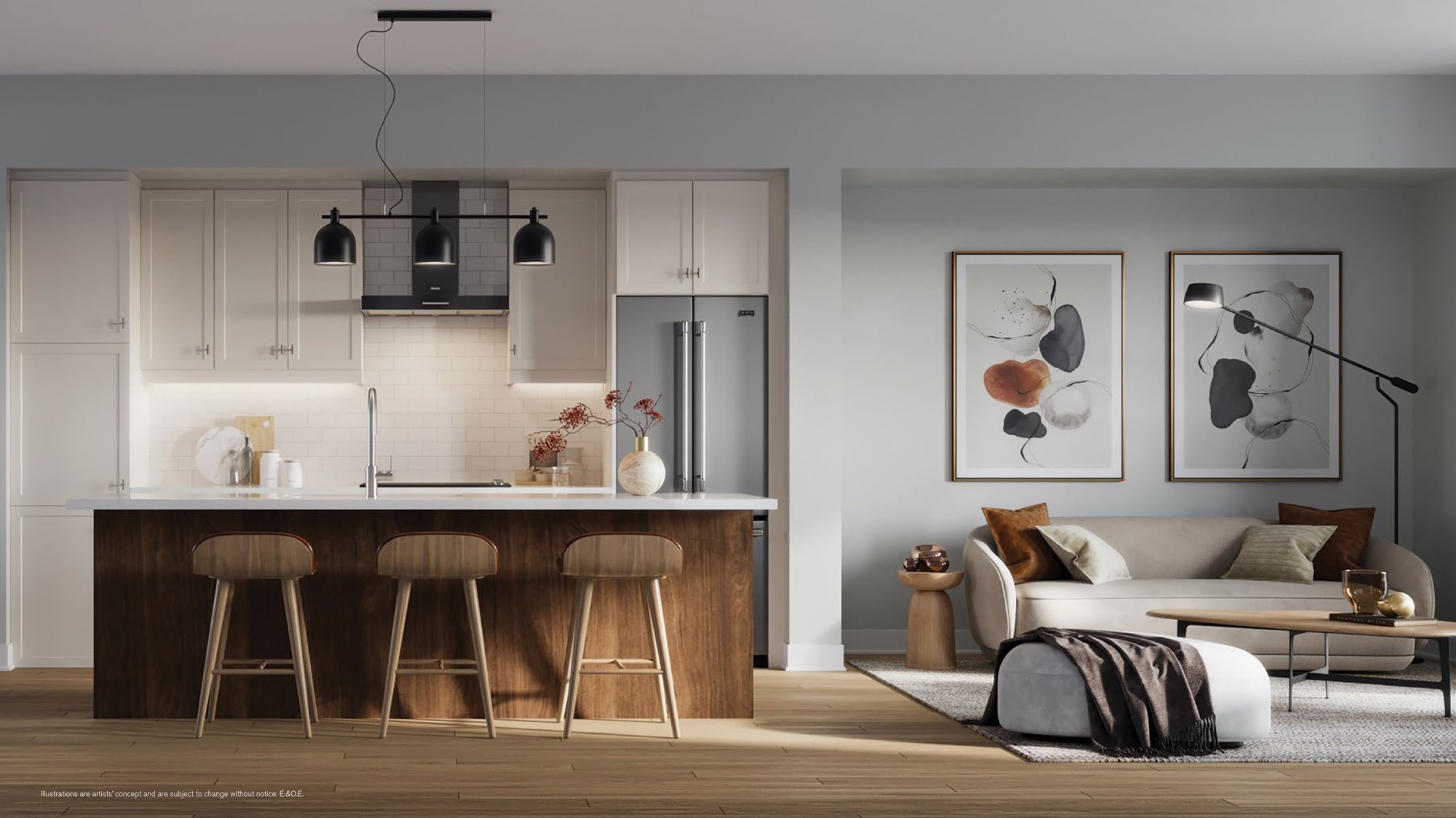 Open kitchen with a wood island, stone countertop and three stools, opening to a living room
