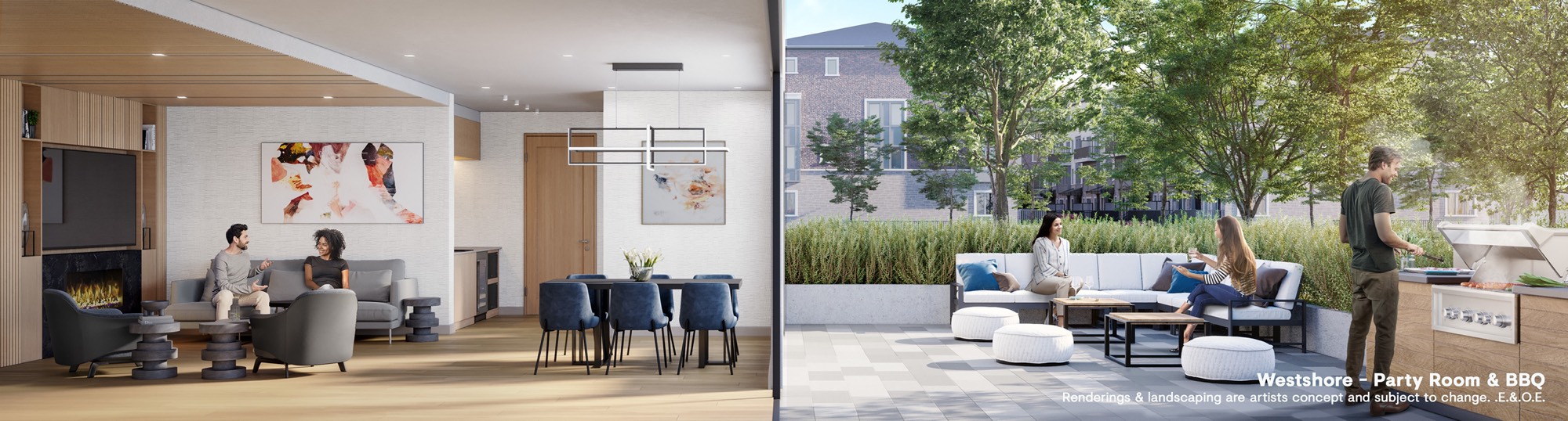 Residents' lounge with fireplace beside an outdoor terrace with barbecue