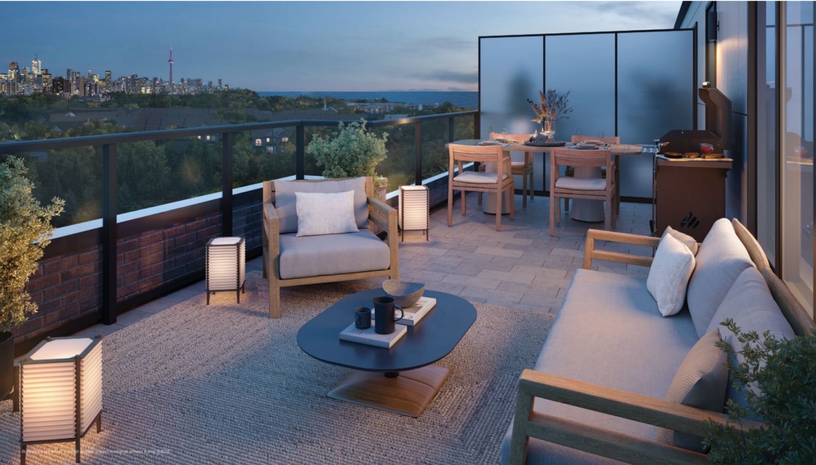 Private rooftop terrace at dusk with lounge seating, a dining table and a barbecue, with the CN Tower in view