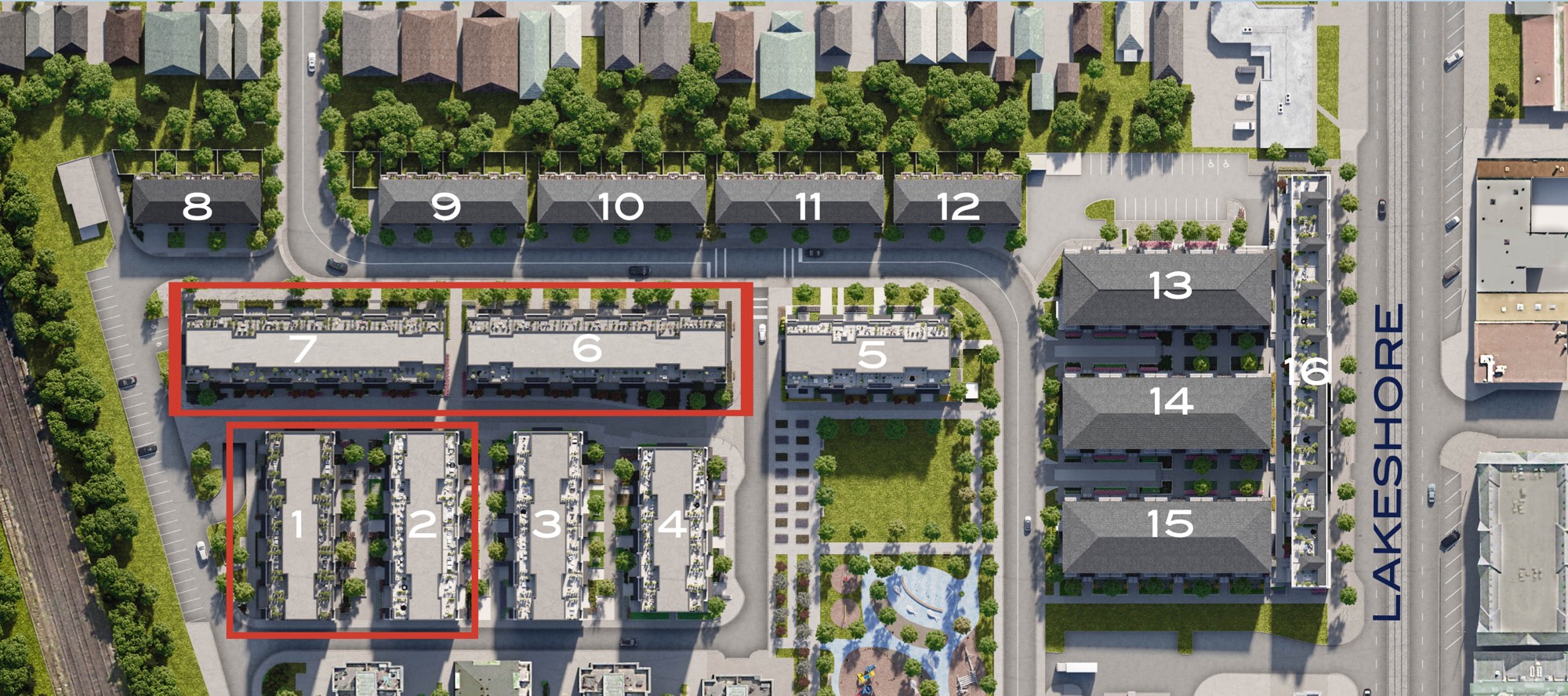 Site plan of Westshore showing 16 numbered blocks around a central park, with Lake Shore Boulevard on the right and blocks 1, 2, 6 and 7 outlined as Phase 1